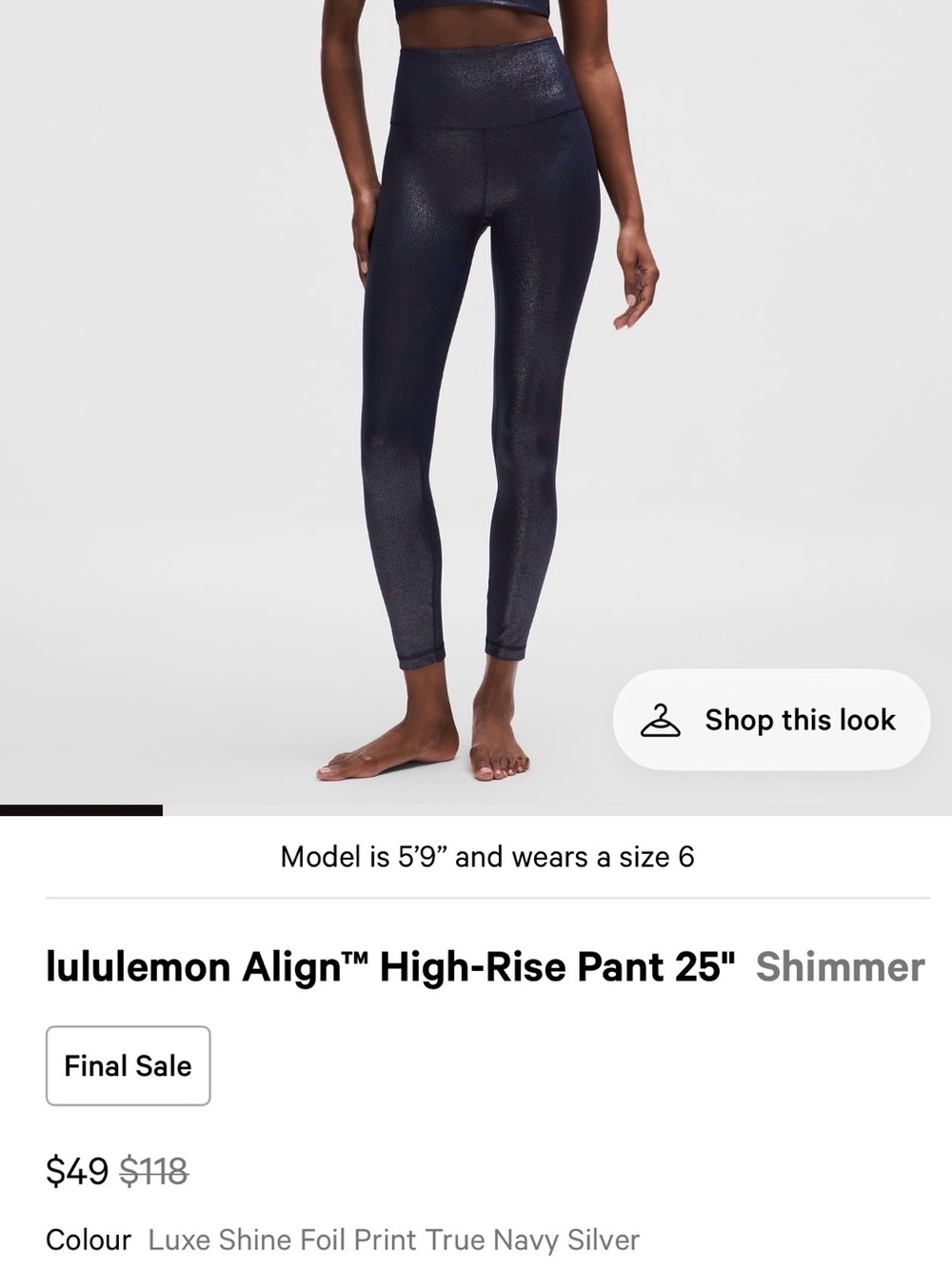 Lululemon True Navy Shimmer Align SZ 10 25”